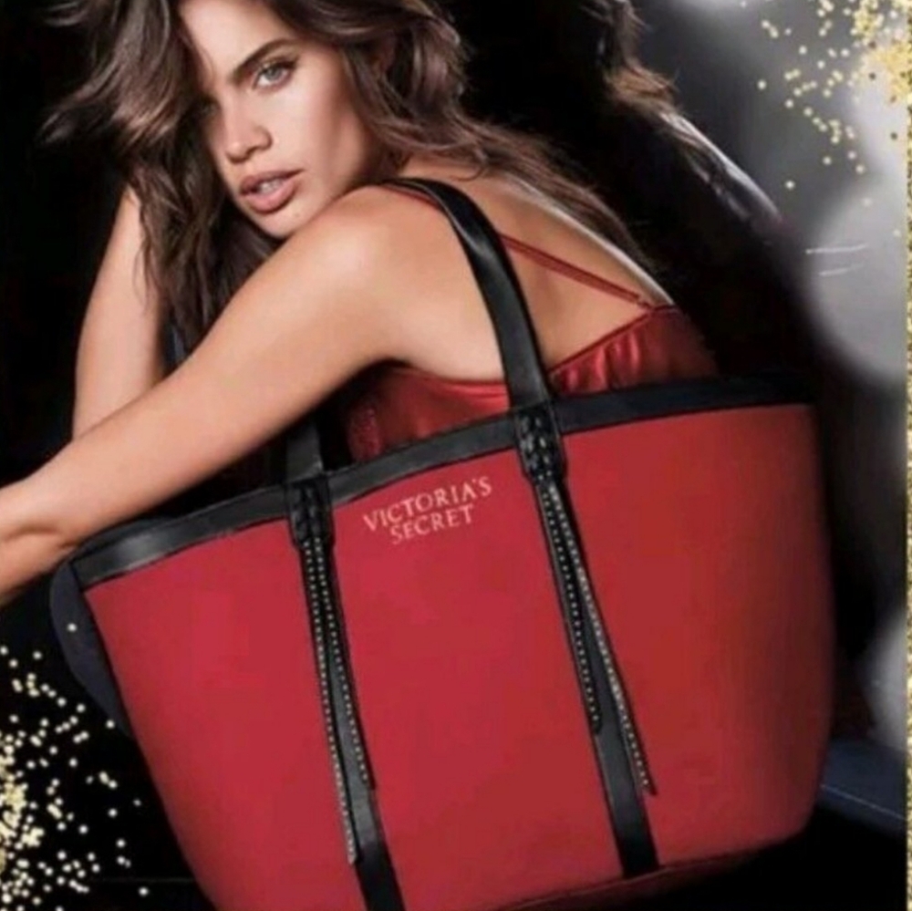 NEW Victoria's Secret Red Canvas Leather Straps Gold Studded Black Tote Bag